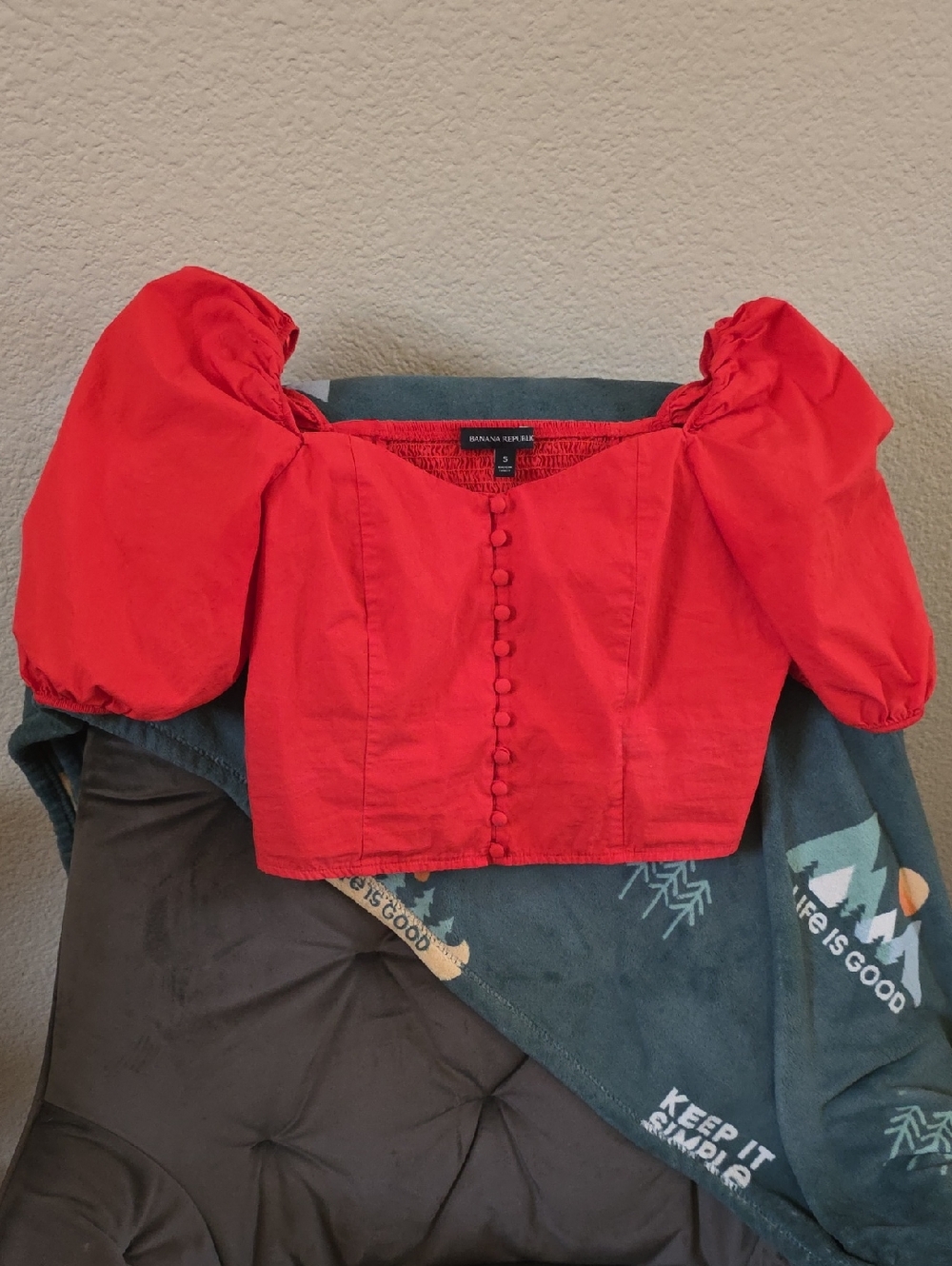 Banana Republic Orange/Red Button-Front Crop Top with Puff Detail